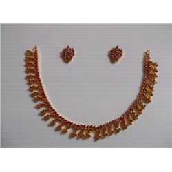 129.20 CTW GOLD PLATED RUBY NECKLACE AND EARRING SET ST
