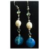 Image 1 : BLUE CARNELIAN ROUND EMERALD CUT AND WHITE PEARL DANGLI