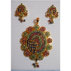 90.25 CTW GOLD PLATED RUBY/EMERALD/SAPPHIRE PENDANT AND