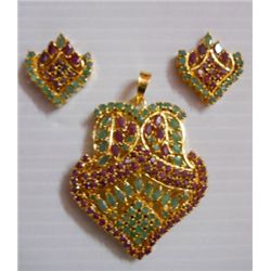 126.10 CTW GOLD PLATED EMERALD AND RUBY PENDANT AND EAR