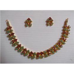183.2 CTW GOLD PLATED EMERALD AND RUBY NECKLACE AND EAR