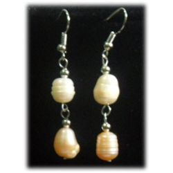 WHITE AND PEACH TRIPLE PEARL DANGLING EARRINGS;AUTHENTI