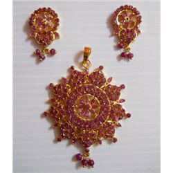 121.80 CTW GOLD PLATED RUBY PENDANT AND EARRING SET STE