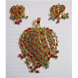 118.75 CTW GOLD PLATED EMERALD AND RUBY PENDANT AND EAR