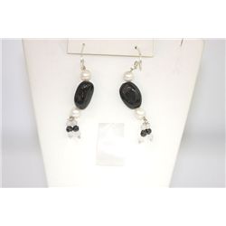 24.80 CTW BLACK ONEX, PEARL & ROSE QUARTZ EARRINGS