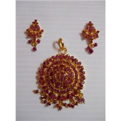 86.10 CTW GOLD PLATED RUBY PENDANT AND EARRING SET STER