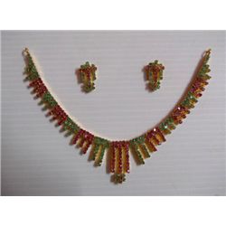 132.35 CTW GOLD PLATED EMERALD/RUBY NECKLACE AND EARRIN