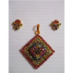 58.10 CTW GOLD PLATED EMERALD/SAPPIRE/RUBY PENDANT AND