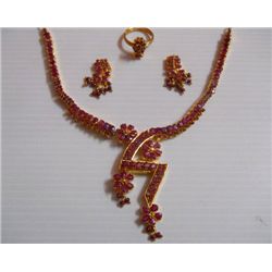 198.35 CTW GOLD PLATED RUBY NECKLACE/RING/EARRING SET S