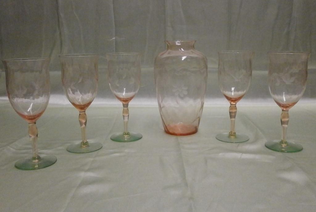 5 Etched Watermelon Glass Wine Goblets Vase