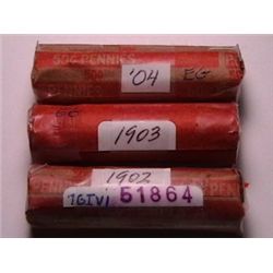 1902, 1903, & 1904 Indian Cent Rolls. 150 Pennies All G or better. One Roll of Each Date