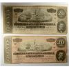 Image 1 : 2 1864 7th issue  $20 Confederate States America currency VG & F est $70-$75