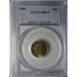 1901 BARBER DIME PCGS MS64 SUPERB COLOR!
