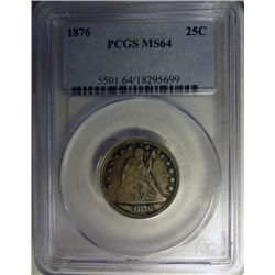 1876 SEATED LIBERTY QUARTER PCGS MS64 SUPER!