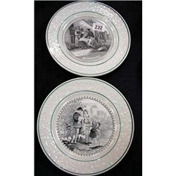 Two French porcelain, transfer printed plates, one with a Napoleonic solider at his family's side.