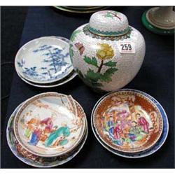 A CloisonnT  ginger jar and cover together with a selection of small Oriental dishes etc.