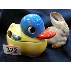 An early Gobbels figure of a duck and a Zolney rabbit figure.