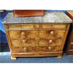 A quality burr Walnut, original Fossil Marble topped chest of drawers, c1850.