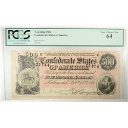 1864  $500 Confederate States of America T64  PCGS64  RARE  est $1500-$1650