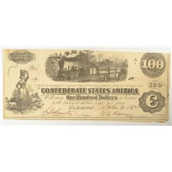 1862  $100 Confederate States of America VF pinholes   est $110-$120