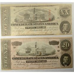 2   $20 Confederate States of America notes an 1863 & 1864   VF  est $80-$90