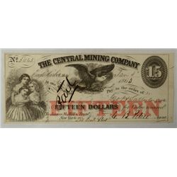 1863 $15 note from Central Mining Co. Eagle Harbor MI AU est $110-$120