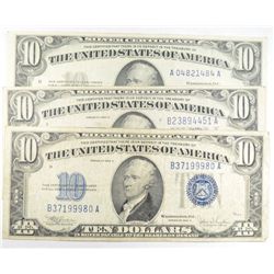 3 - $10.00 SILVER CERTIFICATES 1934 C (2) + 1953 CIRC