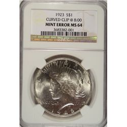 1923  Peace  $  curved clip 8:00 mint error NGC64  est  $85-$95
