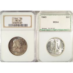 1943  Walker PCI64-1958 half $  NGC66 Mint set toning     est $125-$150