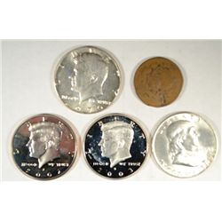 LOT: 1954 D FRANKLIN HALF DOLLAR MS64, PROOF 2002 S AND 2003 S JFK HALVES, 1970