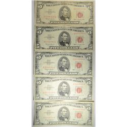 ( 5 ) U.S. $2.00 RED SEAL NOTES  ( 5 )  $5.00  RED SEAL NOTES,  VG OR BETTER
