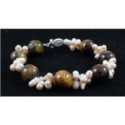 134.65CTW 8" TIGER EYE FRESHWATER PEARL WITH CORAL BRAC