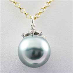 Blueish Gray Water Pearl Pendant w/ Diamond Silver Bail