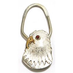 Navajo Coral & Brass Eagle Head Sterling Silver Keyring - BT