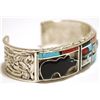 Image 2 : Zuni Multi-Stone Inlay Bear Sunface & Feather Sterling Silver Cuff Bracelet - Don Dewa