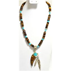 Navajo Tiger's Eye & Turquoise Sterling Silver Feather Necklace - Running Bear