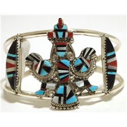 Zuni Multi-Stone Inlay Knifewing Kachina Sterling Silver Cuff Bracelet - Herbert Cellicion