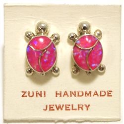 Zuni Matte Pink Opal Inlay Sterling Silver Turtle Post Earrings - Vernon Waikaniwa