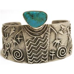 Navajo Royston Turquoise Sterling Silver Tufacast Cuff Bracelet - Philander B Begay