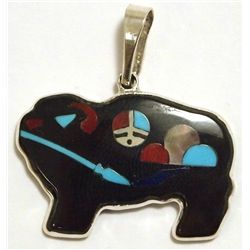 Zuni Multi-Stone Inlay Buffalo Sterling Silver Pendant - Harlan & Monica Coonsis