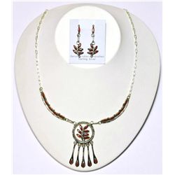 Zuni Coral Hanger Pendant Necklace & Earrings Set