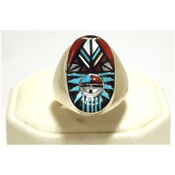 Zuni Multi-Stone Inlay Sun Face Sterling Silver Men's Ring - Angelena Laahty