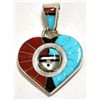 Image 1 : Zuni Coral & Turquoise Sun Face Spinner Heart Pendant - Don Dewa