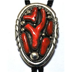 Zuni Coral Sterling Silver Bolo Tie - Robert & Bernice Leekya