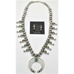 Navajo Green Turquoise Squash Blossom Necklace & Earrings Set - L.F.K.