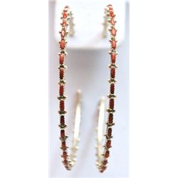 Zuni Coral Sterling Silver Large Hoop Post Earrings