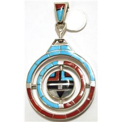 Zuni Multi-Stone Inlay Sun Face Sterling Silver Gyroscopic Pendant - Don Dewa