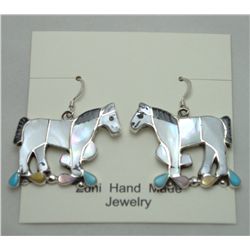 Zuni Multi-Stone White Horse Sterling Silver Earrings - Edward & Carlene Leekity