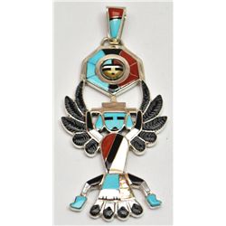 Zuni Multi-Stone Eagle Dancer Sterling Silver Spinner Pendant - Don Dewa