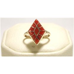 Zuni Coral Inlay Sterling Silver Women's Ring - Connie Epaloose